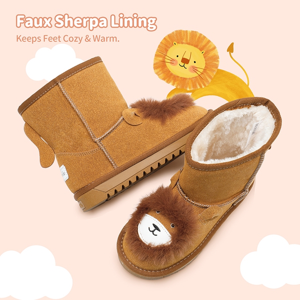 Kids Cute Animal Faux Sherpa Lining Boots - BROWN LION - 3